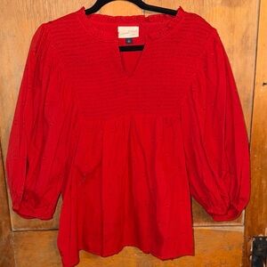 Women's Universal Threads Red Tunic Blouse with smocked front & 3/4 sleeves